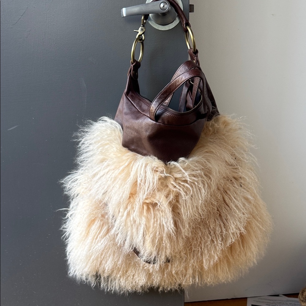Foley + Corinna Brown and Cream Shaggy Curly Fur Shoulder Bag